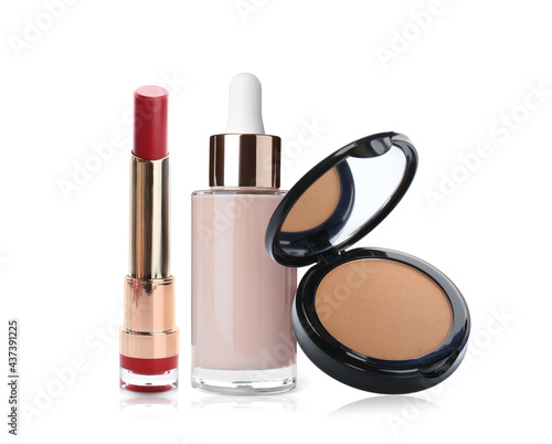Set with different decorative cosmetics on white background