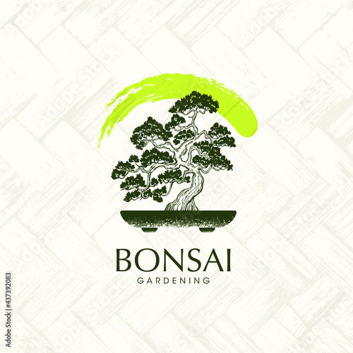 Japanese Bonsai Garden Zen Tree Logo. Plant Silhouette Icons on Palm Mat Background. Creative Vector Illustration