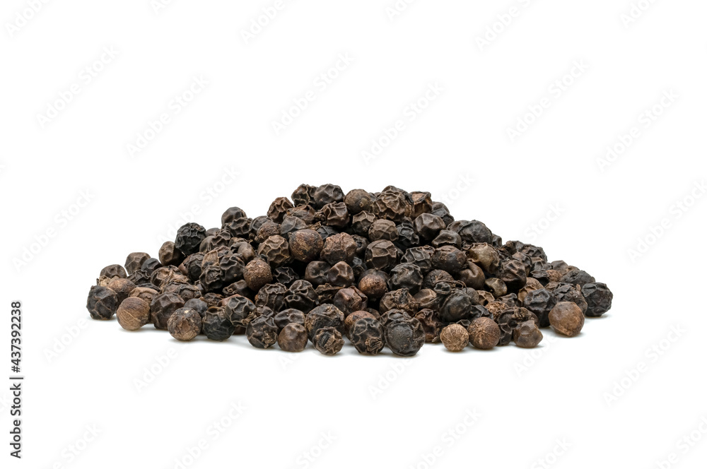 Black pepper pile or Black peppercorns seeds isolated on white background. Black pepper pile or Black peppercorns seeds isolated on white background.