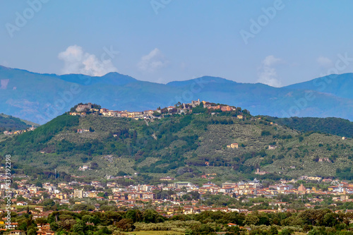 Stunning panoramic view of the ancient village of Montecatini Alto, Pistoia, Italy, seen from Montecarlo, Lucca