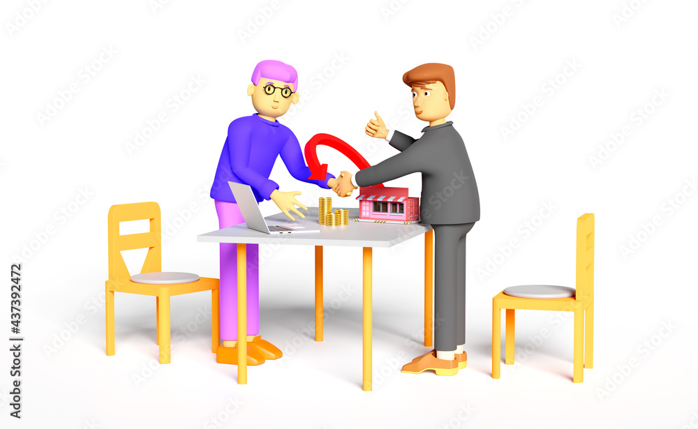 cartoon character businessman handshake with store model and pile of coins on table ,successful agreement business concept ,isolated on white background ,3d render cartoon character businessman handshake with store model and pile of coins on table ,successful agreement business concept ,isolated on white background ,3d render