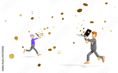 cartoon character businessman running to collect coins with computer laptop isolated on white background ,3d render