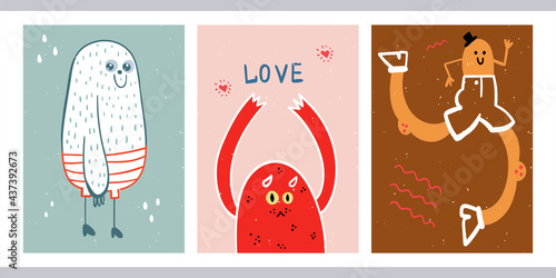 Set of three cute illustrations with monsters. Bright posters with funny freaks. Illustrations for social networks, stories, book covers, postcards. Cartoon children's drawings for interiors.