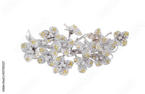 Expensive white gold brooch with flowers isolated on a white background photo