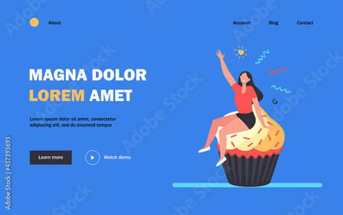 Happy woman enjoying dessert. Cheerful girl sitting on cupcake flat vector illustration. Bakery, pastry, food concept for banner, website design or landing web page