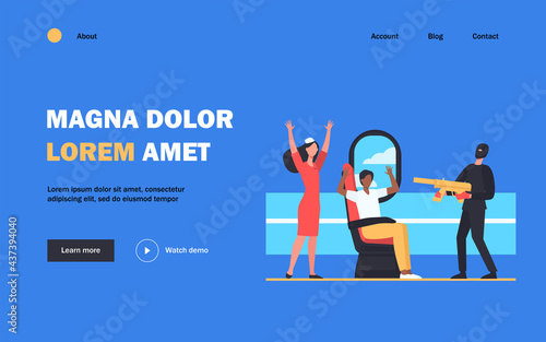Armed terrorist aiming gun at plane passengers on board. People putting hands up in air flat vector illustration. On board aircraft hijacking concept for banner, website design or landing web page