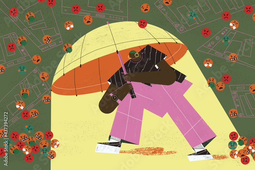 Young adult person Protecting herself against libel, slander, and defamation through social networks. Digital domain and emotional intelligence concept.