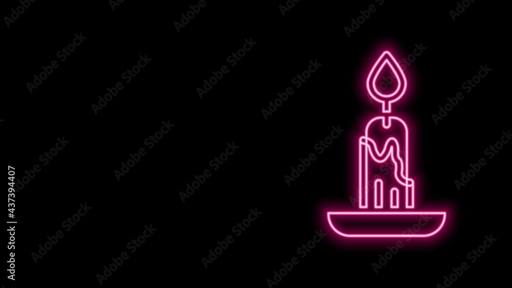 Glowing neon line Burning candle icon isolated on black background. Cylindrical candle stick with burning flame. 4K Video motion graphic animation Glowing neon line Burning candle icon isolated on black background. Cylindrical candle stick with burning flame. 4K Video motion graphic animation