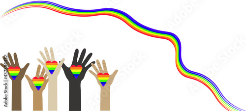 vector of outstretched hands of rainbow colors. flat image of human palms with lgbt flag colors