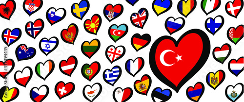 Turkey, turkish flag and different countries flags with heart flags logo. For Europe, eurovision music song festival, contest. Music songs for vision dreams. Vector pattern. 