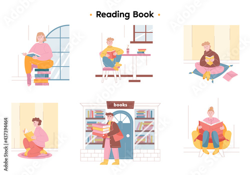 Different people spend time at home reading books. A girl with a beam sits in a chair and reads a huge book. the guy comes out of the bookstore with books. A girl with glasses sits on a stack of books