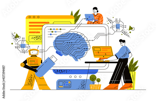 Scientists examine the brain on a huge tablet. The robot holds a large flash drive and data. A guy and a girl conduct analytics on computers and create artificial intelligence. Teamwork.