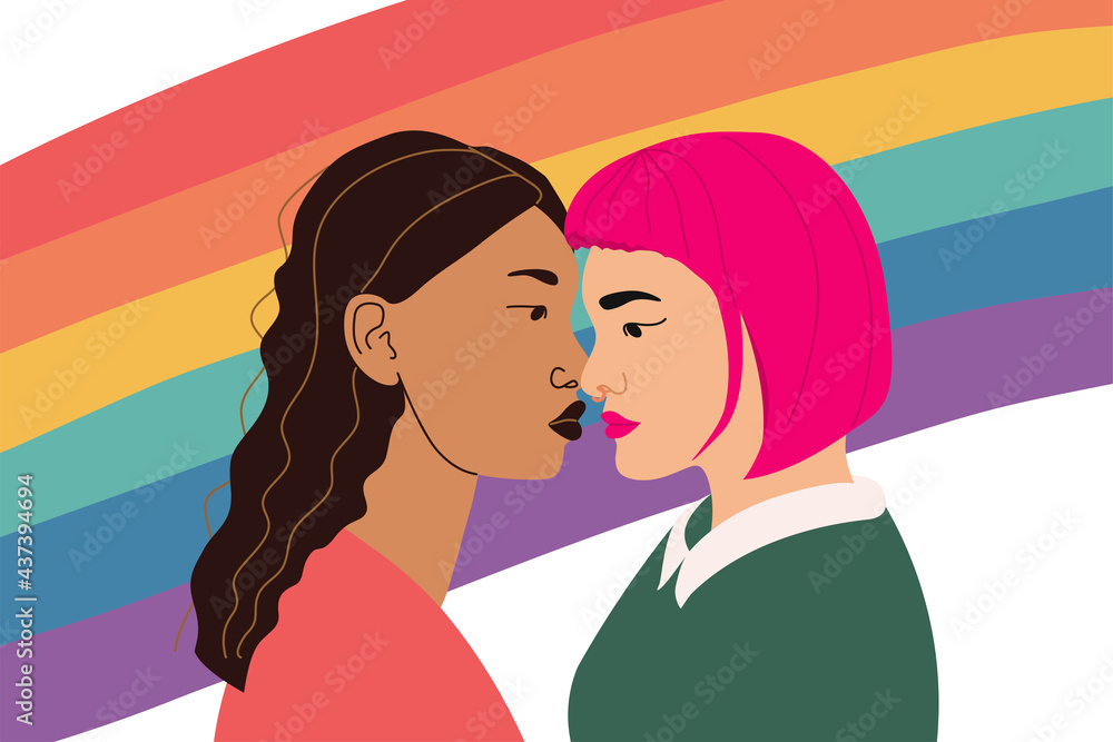 Banner illustration with two girls in love with lgbt flag. Banner illustration with two girls in love with lgbt flag.