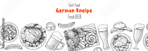 German food menu sketches. Design template. Hand drawn vector illustration. German cuisine. Black and white. Engraved style. Hand drawn food sketch illustration. Retro vintage menu.