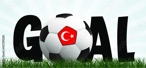 Slogan goal with football with flag of Turkey, turkish on green soccer grass field. Vector background banner. Sport finale wk, ek or school, sports game cup. 