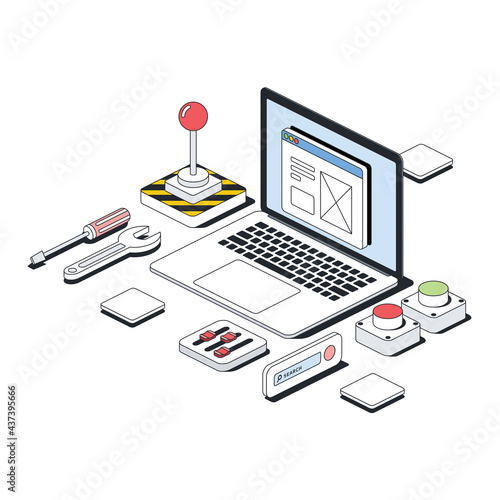 Office, tools screwdriver and wrench, settings and options, stop and start buttons, laptop screen. Vector 3d line isometric, color web icons, new flat style. Creative design idea for infographics.