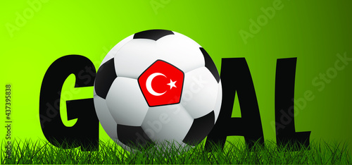 Slogan goal with football with flag of Turkey, turkish on green soccer grass field. Vector background banner. Sport finale wk, ek or school, sports game cup. 