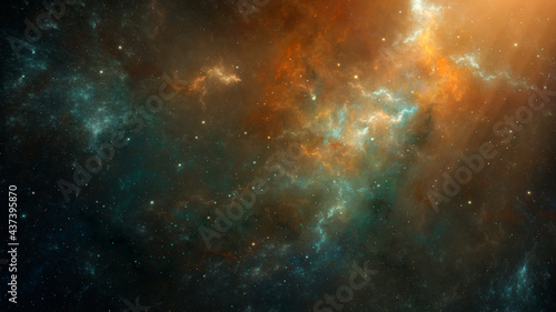 Space background. Colorful nebula in orange and blue color with stars. Digital painting