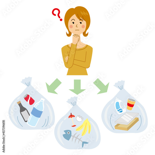 ゴミ捨てのゴミの分別を悩む女