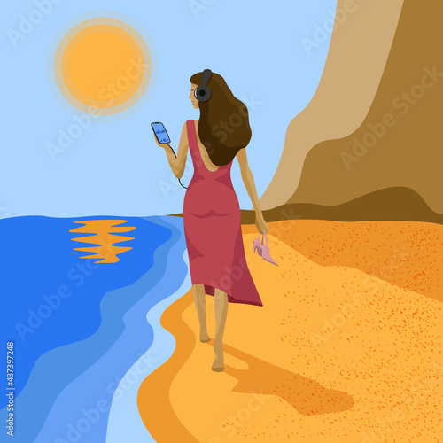 Barefoot girl back view, woman walks along the beach in headphones with phone and shoes in her hands, lady lisens audiobook on the beach, abstract seashore background mountains sea sand illustration
