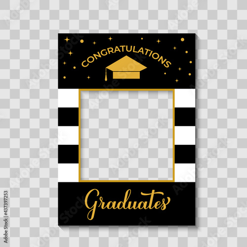 Congratulations graduates photo booth frame graduation cap on transparent background. Graduation party photobooth props. Grad celebration selfie frame.  Vector template