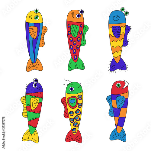 Set of funny stylized fish, six colorful abstract decorative ornamental fish for kids playful design print card posters illustration