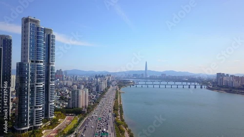 Aerial view of Seoul City Skyline at Han river in Seoul,South Korea
