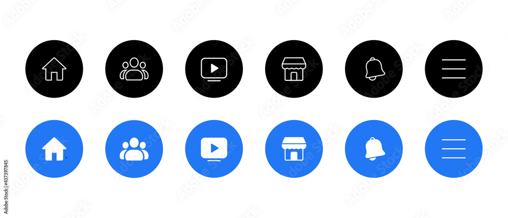 Icon Set in Facebook. Home, Group, Watch, Marketplace, Notification, and Menu - obrazy, fototapety, plakaty 