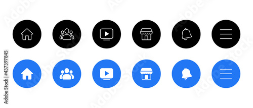 Icon Set in Facebook. Home, Group, Watch, Marketplace, Notification, and Menu