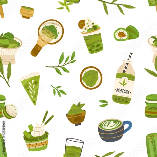 Seamless pattern with green matcha leaves, food and drinks on white background. Endless repeating texture with organic natural Japanese products. Colored flat vector illustration for printing