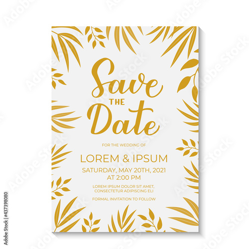 Save the date card template. White and gold invitation. Minimalist geometric design birthday party invite. Vector illustration