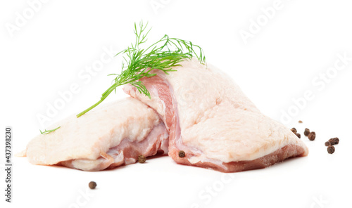 Raw duck breast fillets with dill and black pepper isolated on white