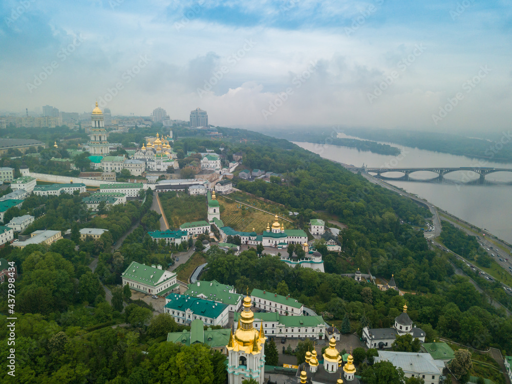 Fototapeta premium Kiev-Pechersk Lavra. Spring cloudy morning. Aerial drone view.