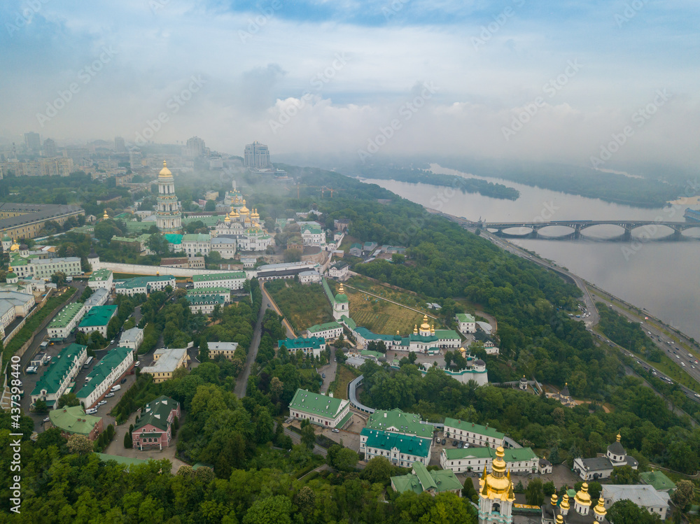 Kiev-Pechersk Lavra. Spring cloudy morning. Aerial drone view.
