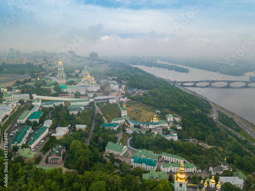 Kiev-Pechersk Lavra. Spring cloudy morning. Aerial drone view.