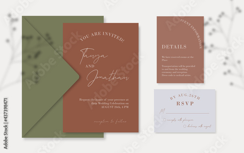 Terracotta wedding invitation set template with details and rsvp cards, Dusty rust and sage green invitation.