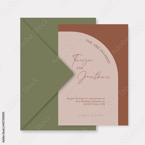 Bohemian arch Wedding Invitation rust orange terracotta template suite.
