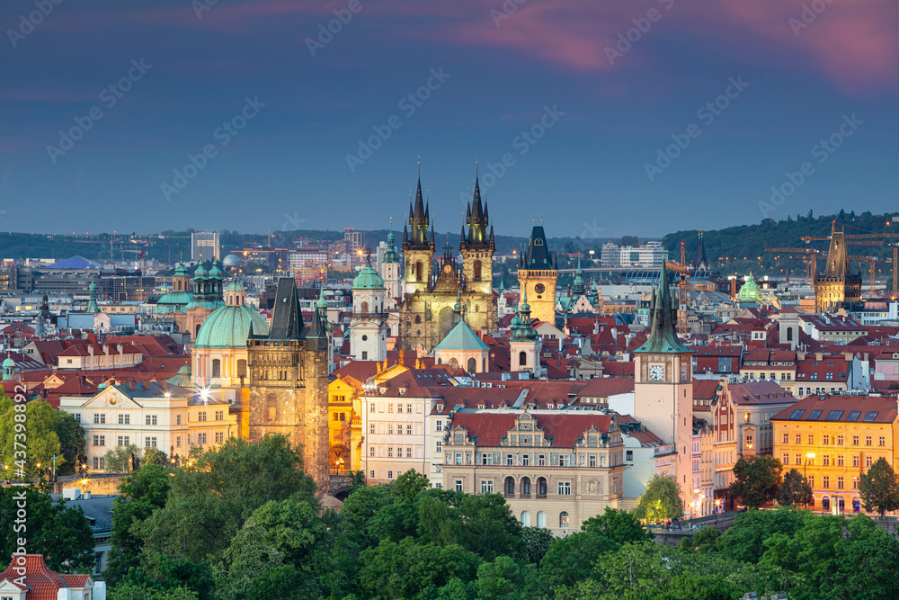 Prague. Aerial cityscape image of Prague, capital city of  Czech Republic with the Church of Our Lady before Tyn, Old Town Bridge Tower and Powder Tower at summer sunset.