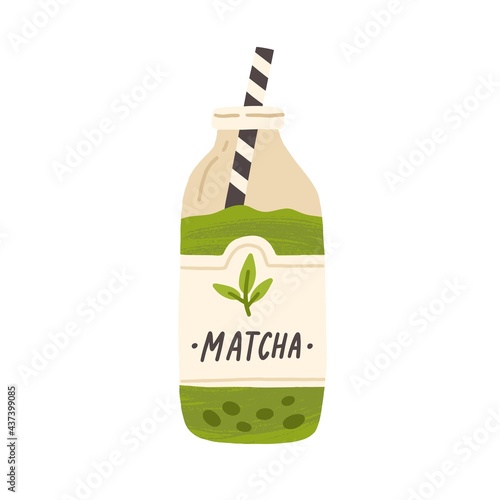 Glass bottle full of cold green matcha drink. Refreshing Japanese iced tea or coffee with straw. Traditional natural Asian beverage. Flat vector illustration isolated on white background