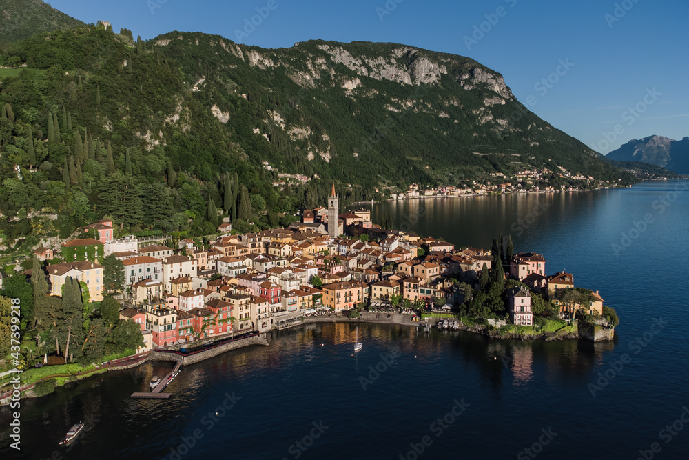 Varenna city on Lake Como aerial view looking at the Lecco Branch of the lake.