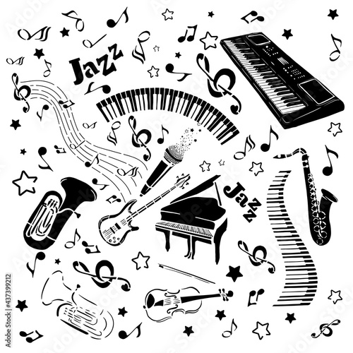 Monochrome background with musical instruments. Vector illustration