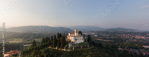 Landscape panoramic shot of Beata Vergine del Carmelo sanctuary in Montevecchia, Lombardy.