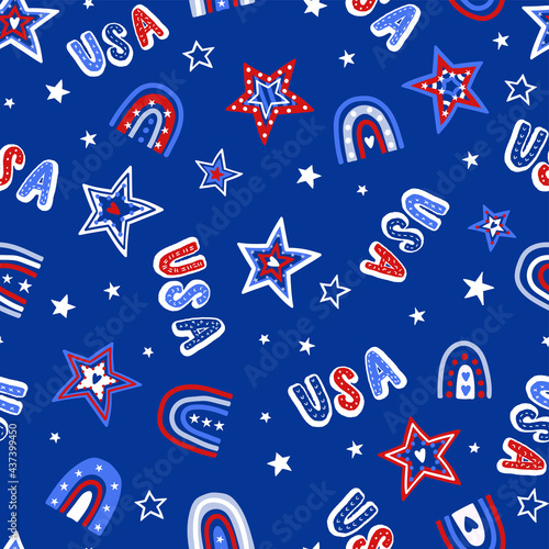 Cute hand drawn seamless pattern with doodle stars, letters and rainbows, patriotic background, great for 4th of July, textiles, banners, wrapping, wallpapers - vector design