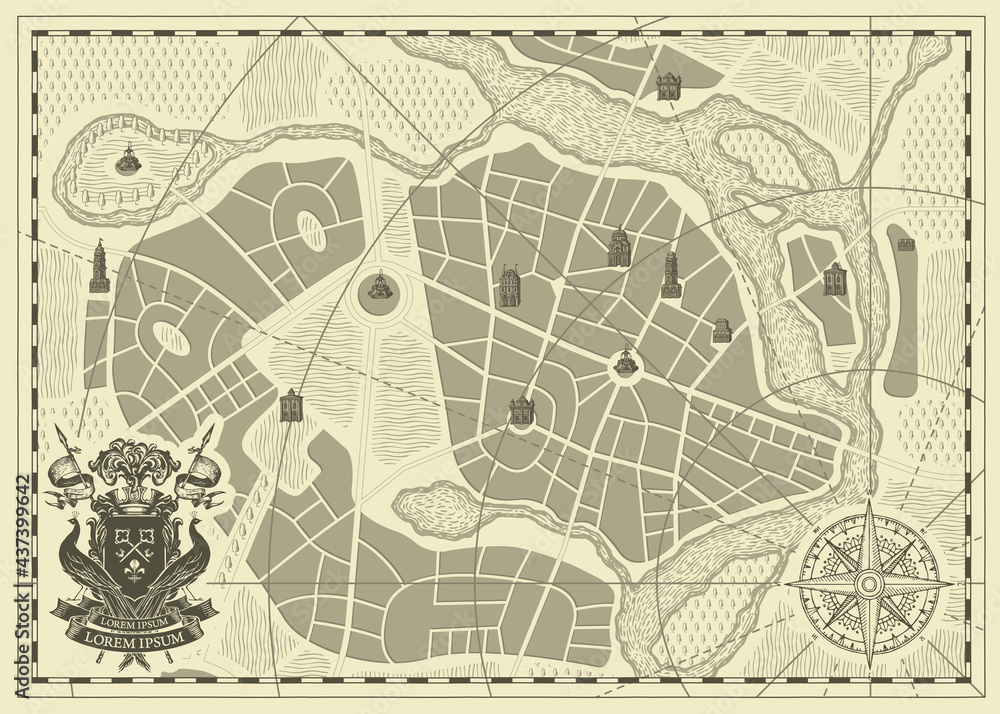 Fototapeta premium Hand-drawn abstract city map with ornate Coat of arms, wind rose and compass sign in vintage style. Monochrome vector urban roads plan on an old paper. Town streets with parks, river and landmarks