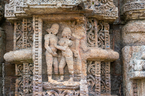 Close up of Kamasutra scenes on the wall of Konark sun temple, Odisha 