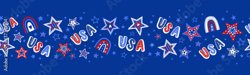 Cute hand drawn seamless pattern with doodle stars, letters and rainbows, patriotic background, great for 4th of July, textiles, banners, wrapping, wallpapers - vector design