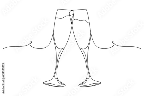 Continuous one line of two champagne glasses in silhouette. Linear stylized.Minimalist.