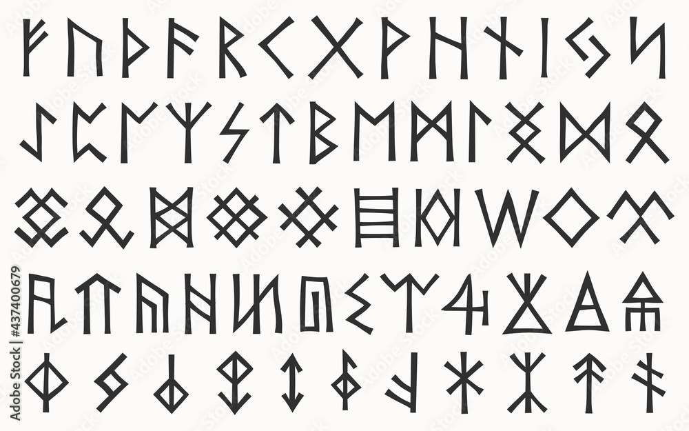 Runes. Vector collection of runic letters, which were used in Germanic languages before Latin alphabet. Scandinavian variants futhark, Anglo-Saxon variant futhorc and several abstract runes.