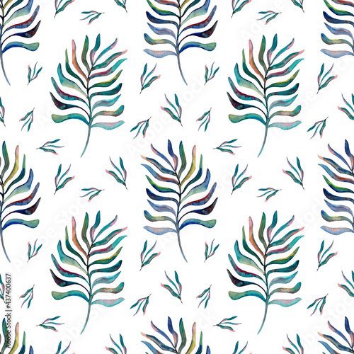 Summer pattern of tropical palm leaves. Palm pattern on a white background. Watercolor leaves. Trendy summer pattern for fashion and textiles. Hawaiian print.