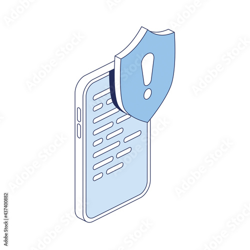 Mobile device, security shield, exclamation mark. Vector 3d line isometric, color web icons, new flat style. Creative design idea for infographics.